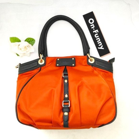 Orange Nylon Black Real Leather Trim Tote Travel Shopping Bag Carryall Shoulder - Picture 3 of 12